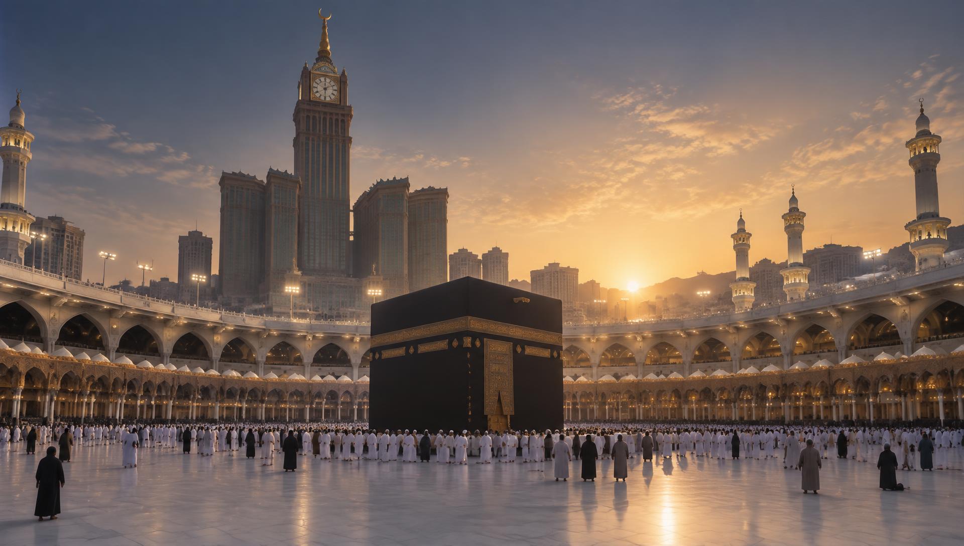 The Kaaba at dawn in the courtyard of Masjid al-Haram